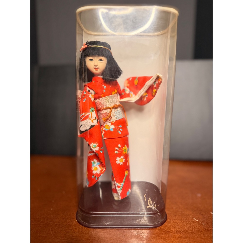 Vintage Komachi Doll Japan Red Floral Kimono Geisha Collectible in Display Case